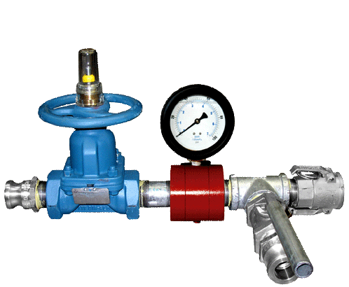 Grout header controls pressure of circulating injection systems. Consists of one diaphragm type throttling valve, one 0-300 PSI diaphragm protected pressure gauge and one ball valve. All Components plumbed together with standard NPT fittings and provided with cam lock style couplings compatible with grout hose.