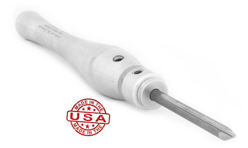 Detail spindle gouge complete with a signature 12" handle and 3/8" adapter.